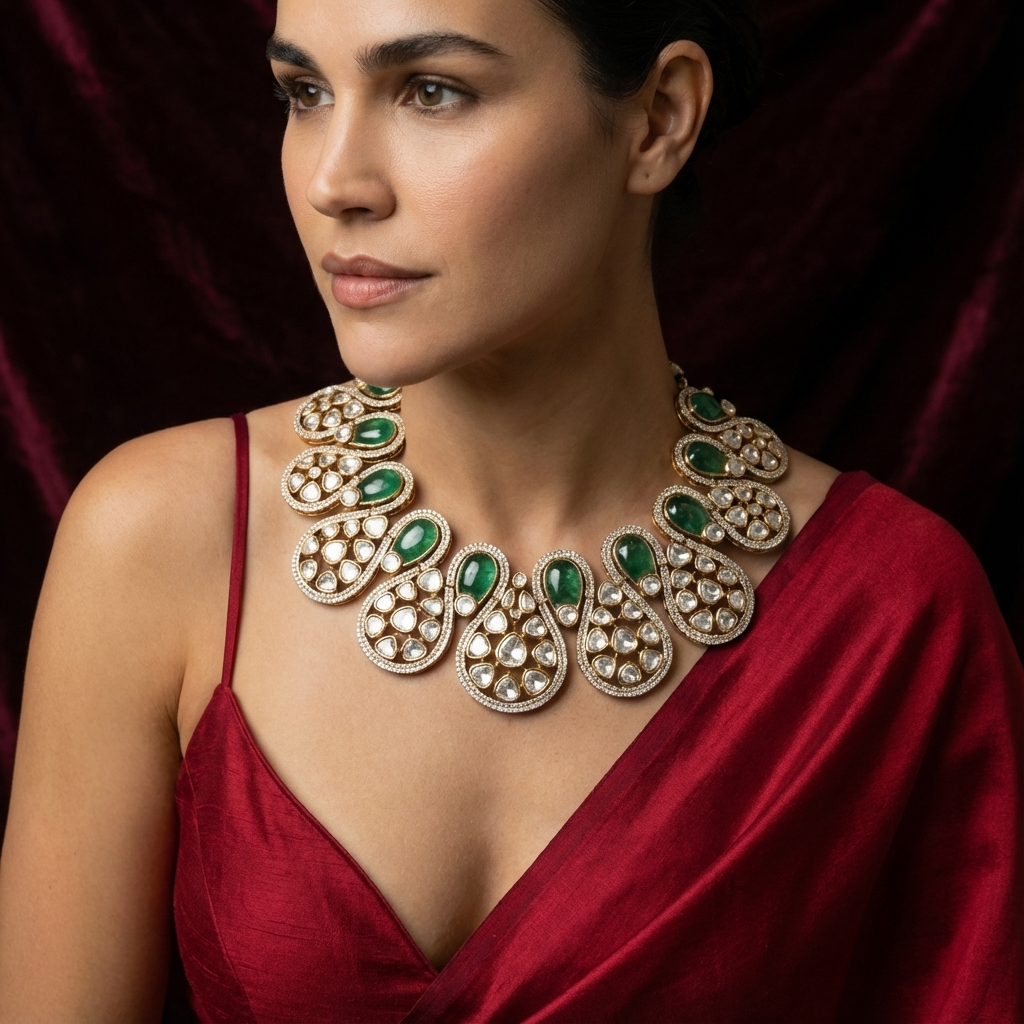 Emerald Drop Kundan Collar Necklace