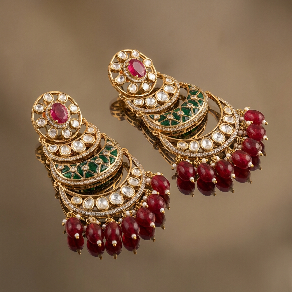 Rajasi tiered chandbali earrings – full pair view by Ozel