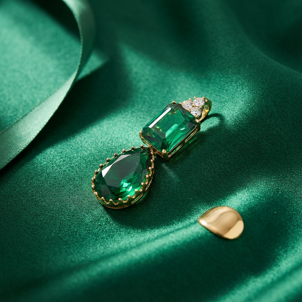Verde duo drop earrings – worn on ear by Ozel