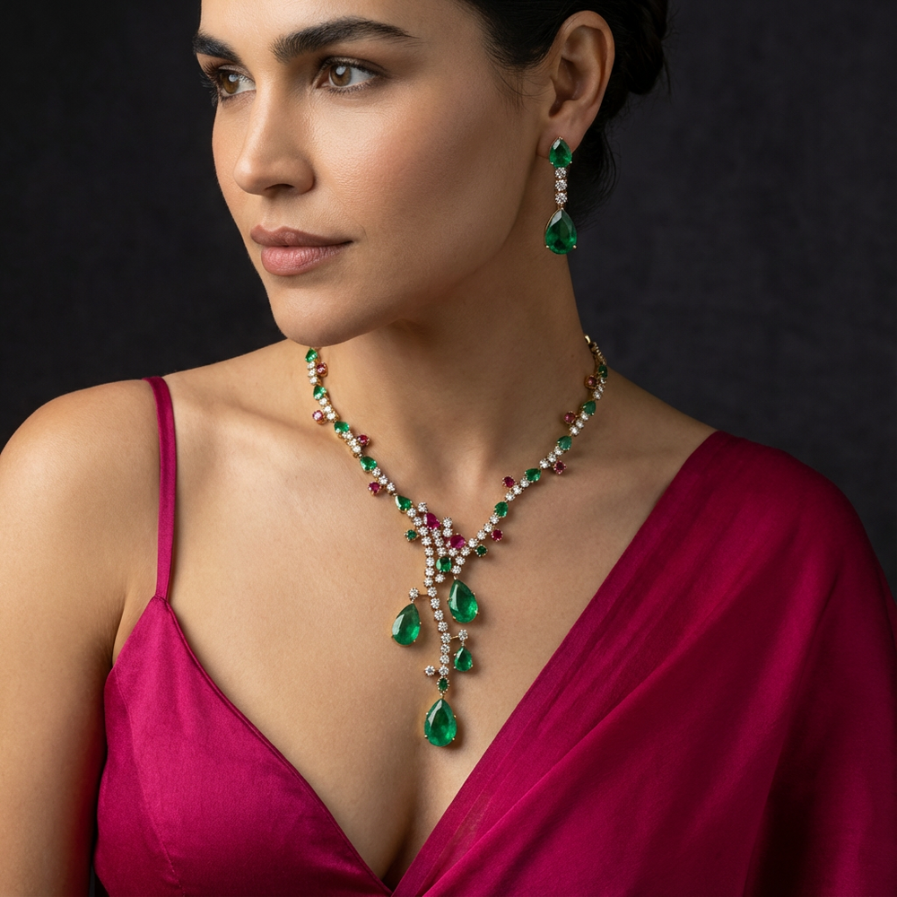 The falling emeralds necklace set – cascading emerald Indian jewelry by Ozel