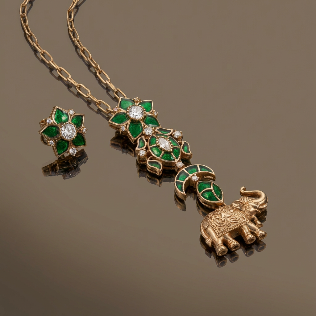 Emerald Gajra Elephant Pendant Necklace