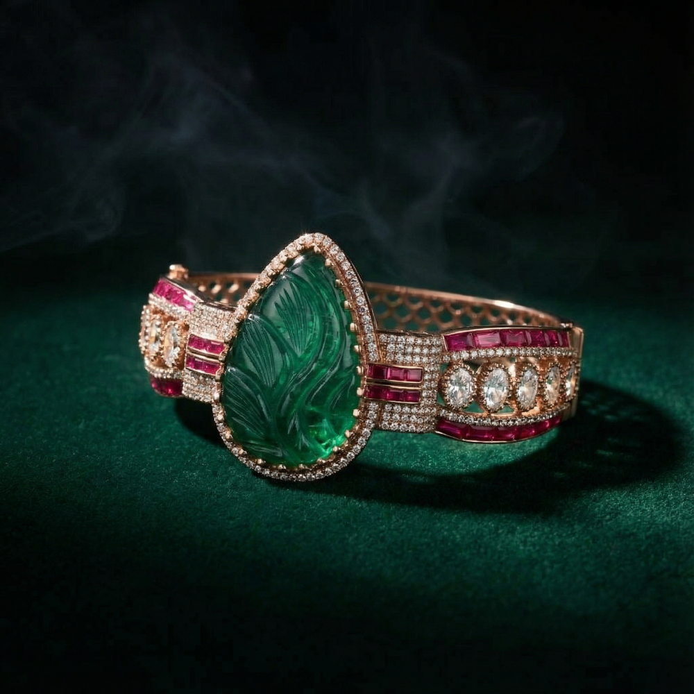 Detail of Zehra cuff carving and emerald stones — Ozel