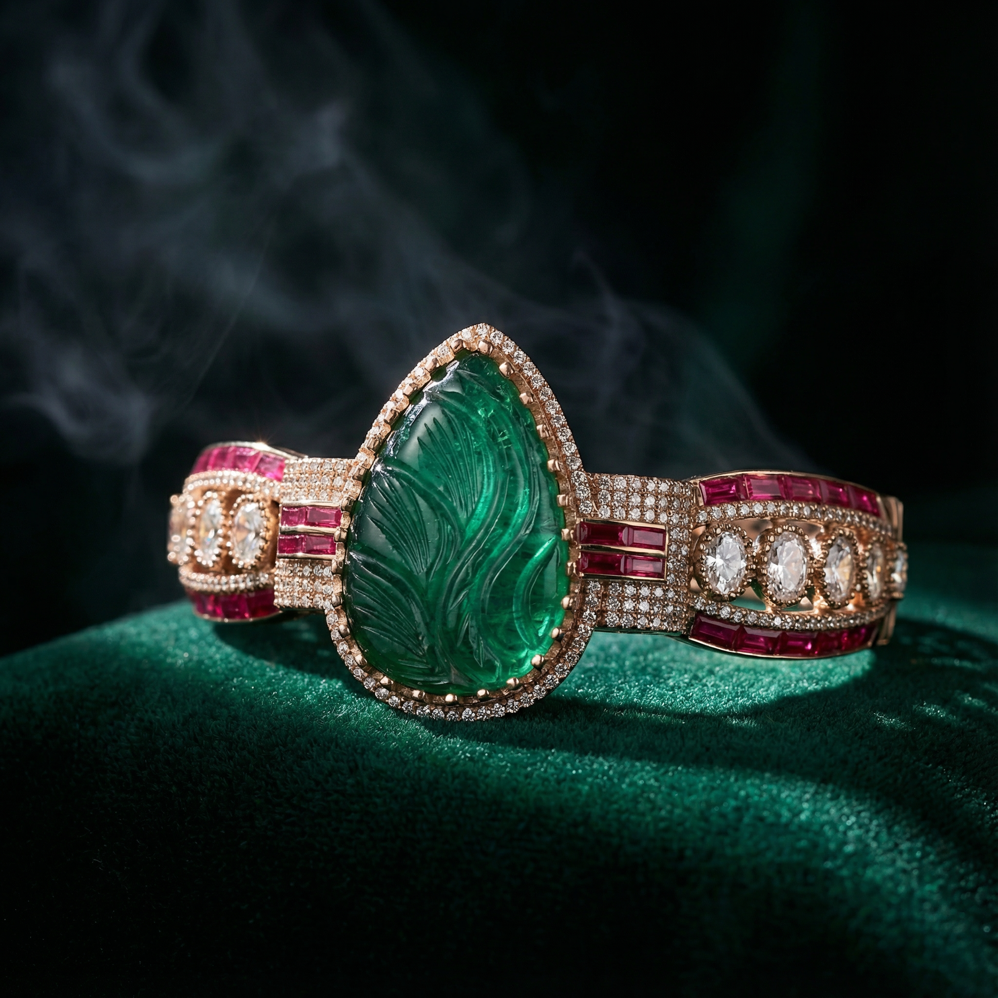 Zehra Emerald Carved Cuff Bracelet