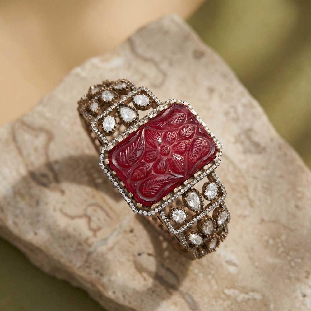 Ruhani carved statement cuff – heritage motif carving detail by Ozel