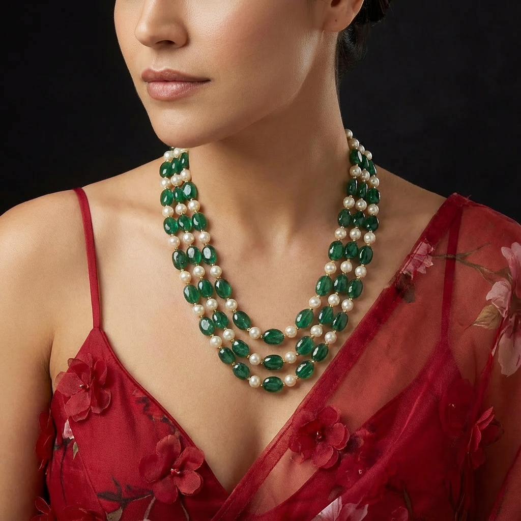 Nayantara Emerald Stone and Swarovski Pearl Necklace