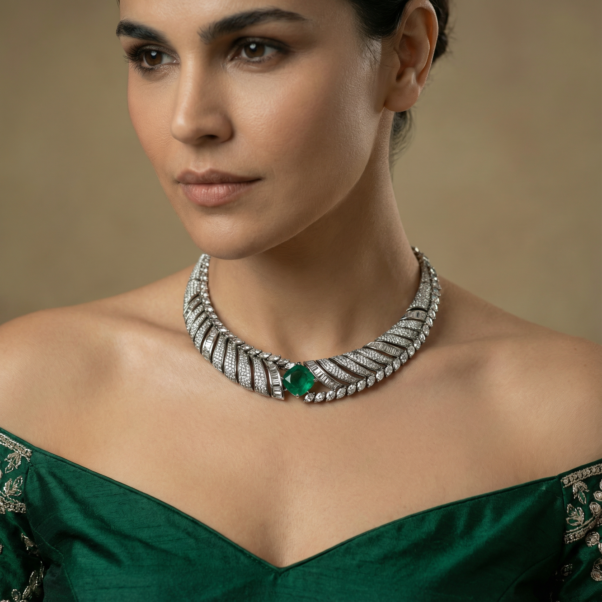 Aarohi Mint Baguette Leaf Necklace Set