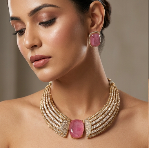 Elara pink necklace set – blush gemstone detail by Ozel