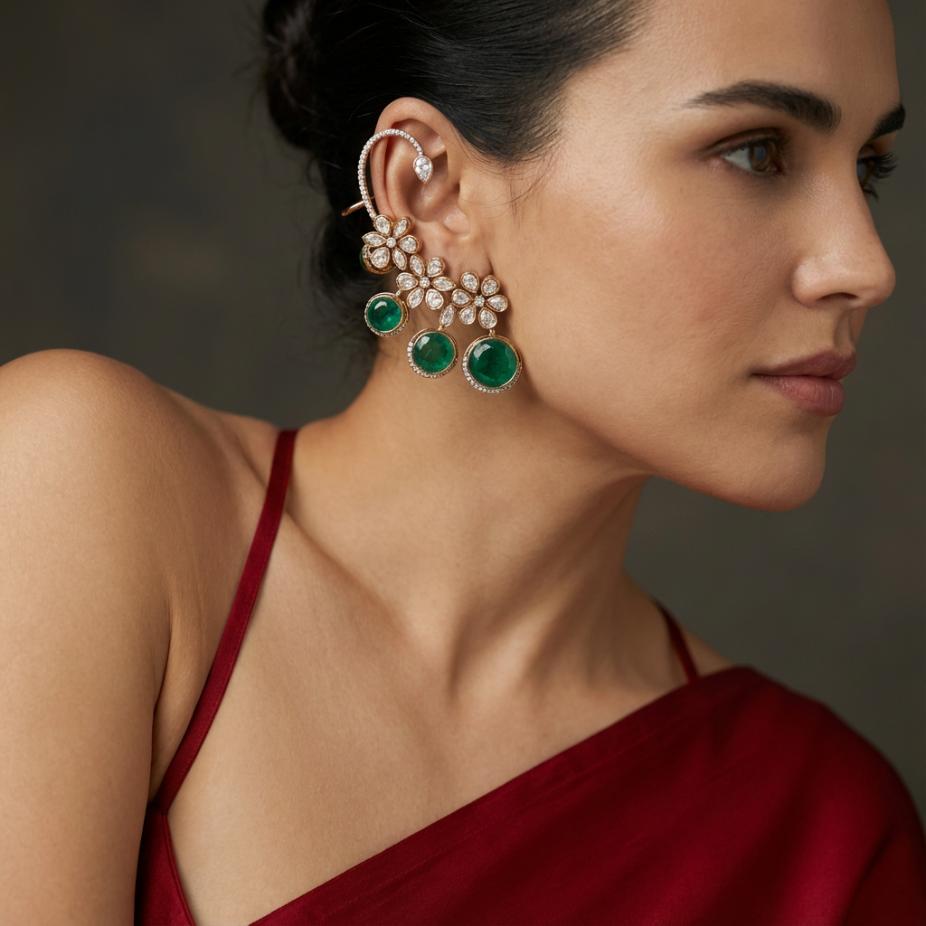 Emerald Floral Ear Cuff Earrings