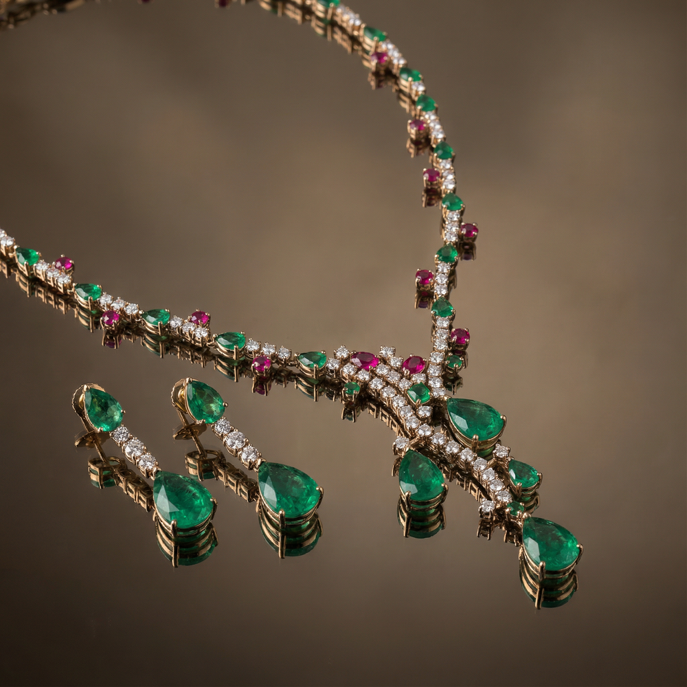 The falling emeralds necklace set – emerald detail close-up by Ozel