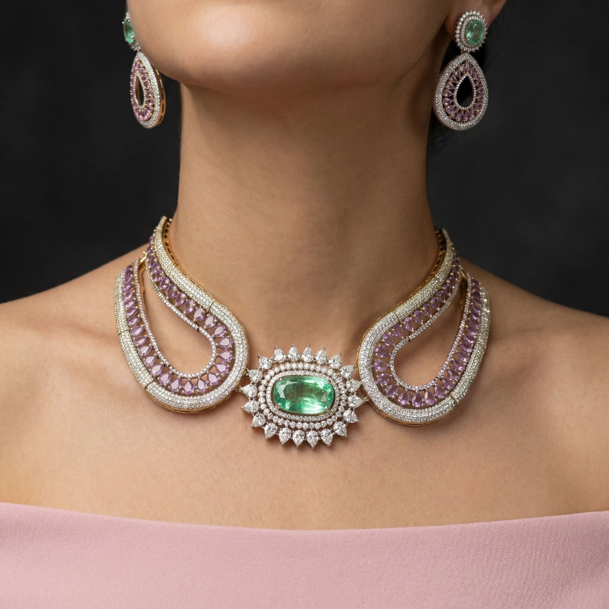 Voyla French Choker and Earrings Set - Pastel