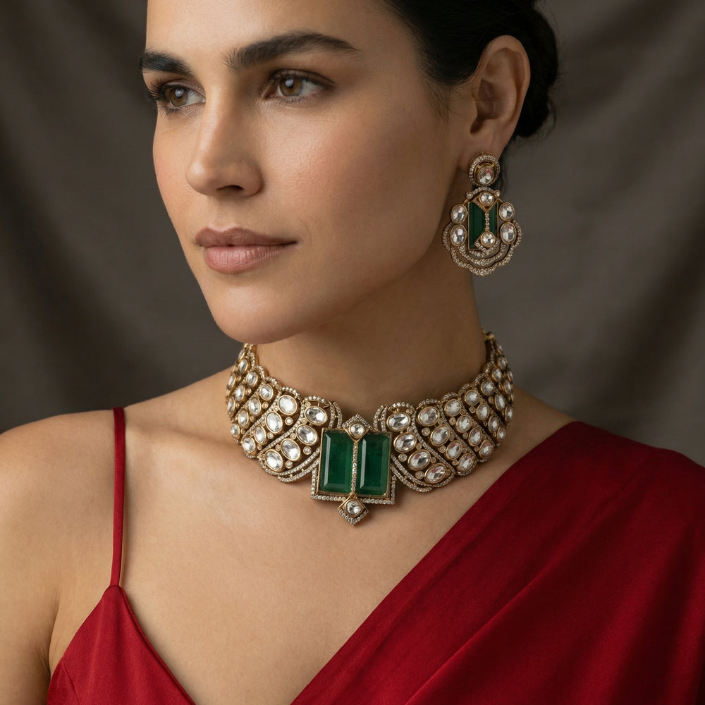 Double emerald choker necklace set – handcrafted Indian emerald choker by Ozel