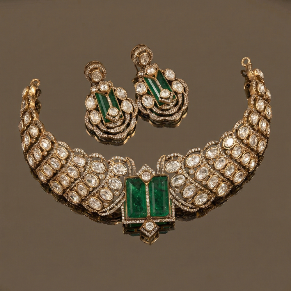Double emerald choker necklace set – full set with earrings by Ozel