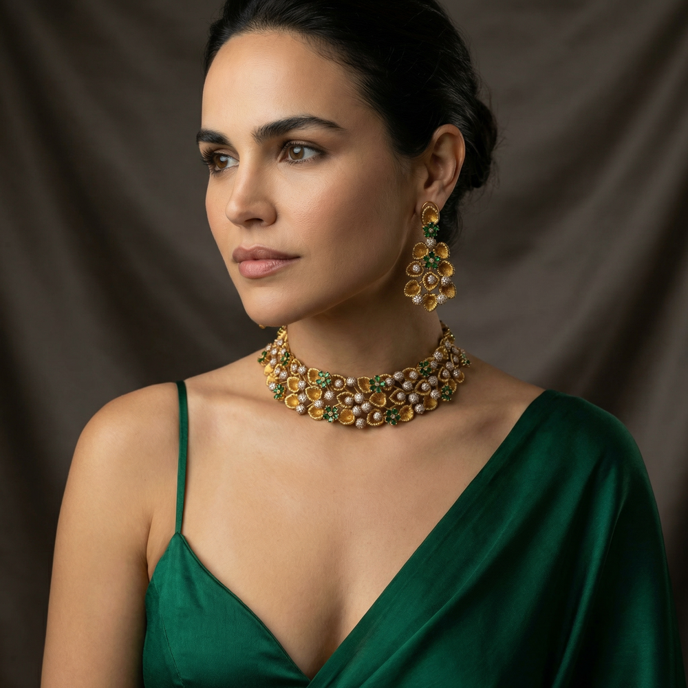 Florea emerald choker necklace set – emerald detail close-up by Ozel