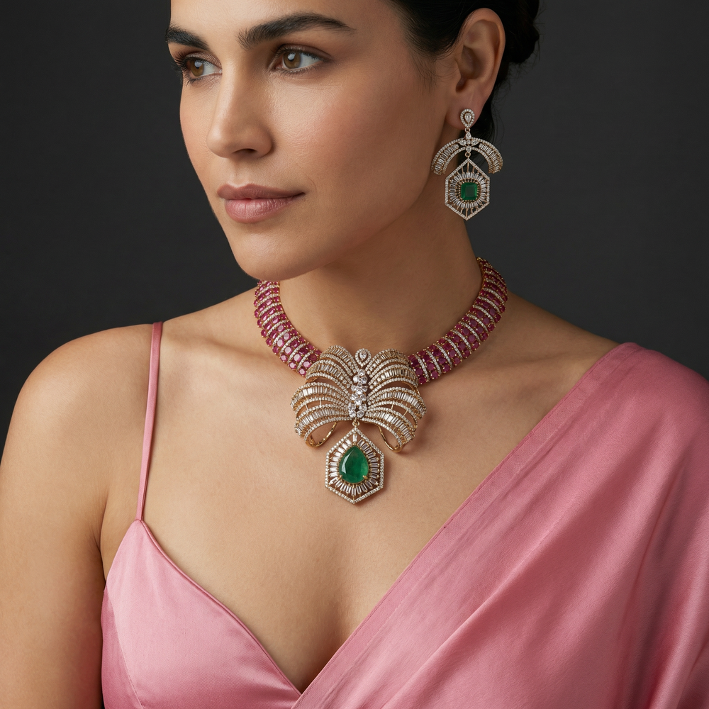 Emerald empress ruby collar set – worn on neck by Ozel