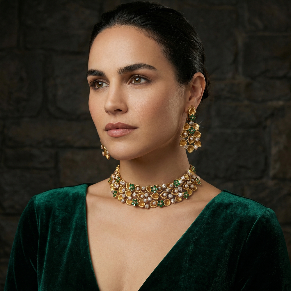 Florea emerald choker necklace set – full set with earrings by Ozel