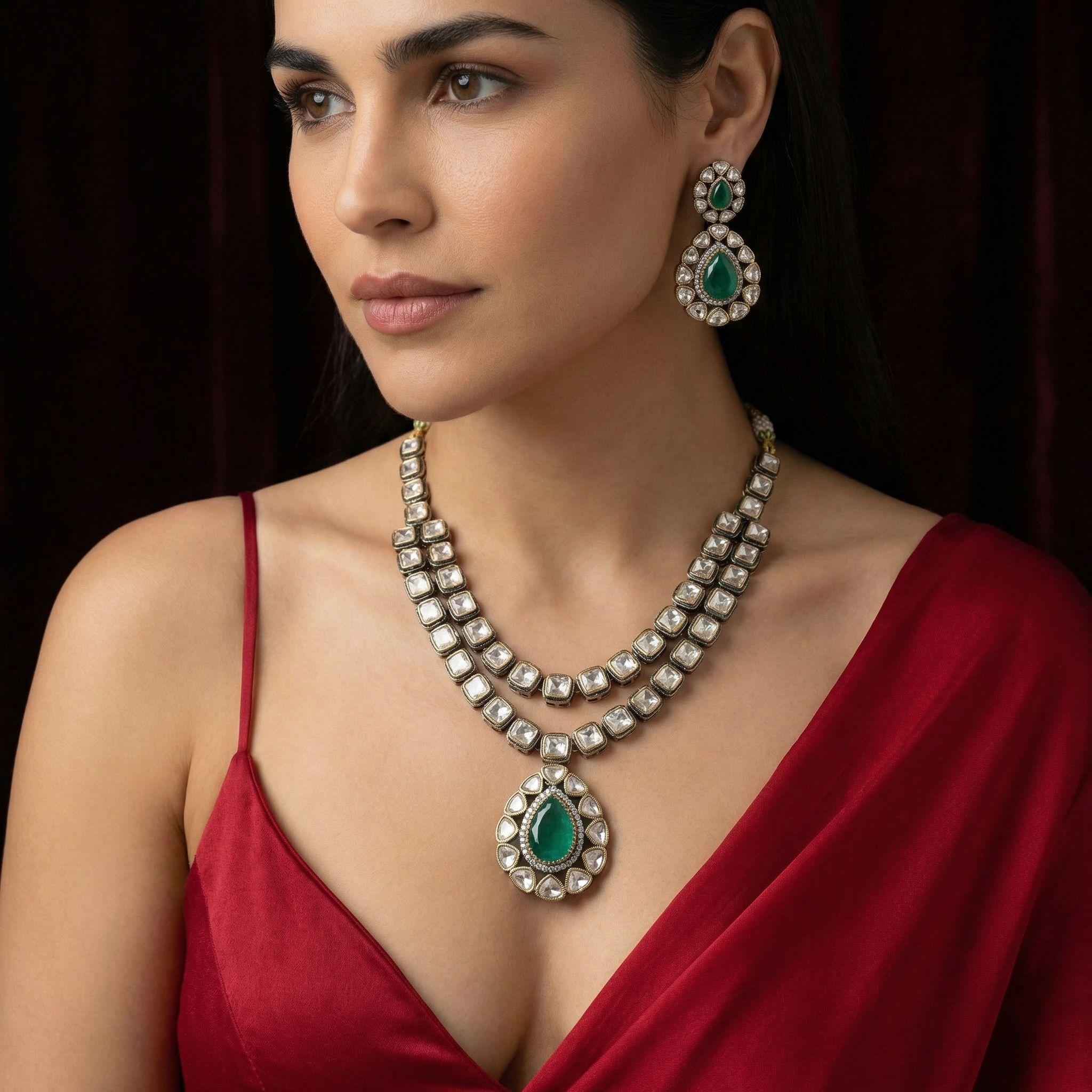 Panna Double Layer Meenakari Kundan Necklace Set