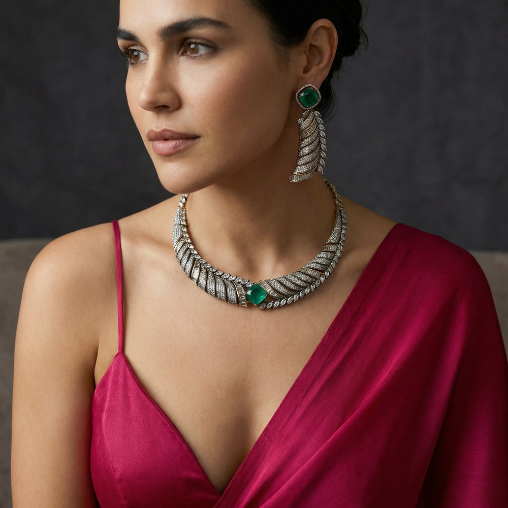 Aarohi mint baguette leaf necklace set – handcrafted Indian necklace by Ozel