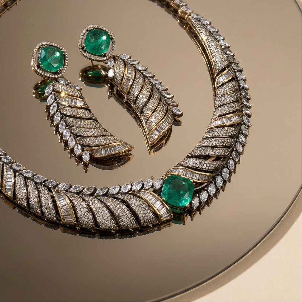 Aarohi mint baguette leaf necklace set – full set with earrings by Ozel