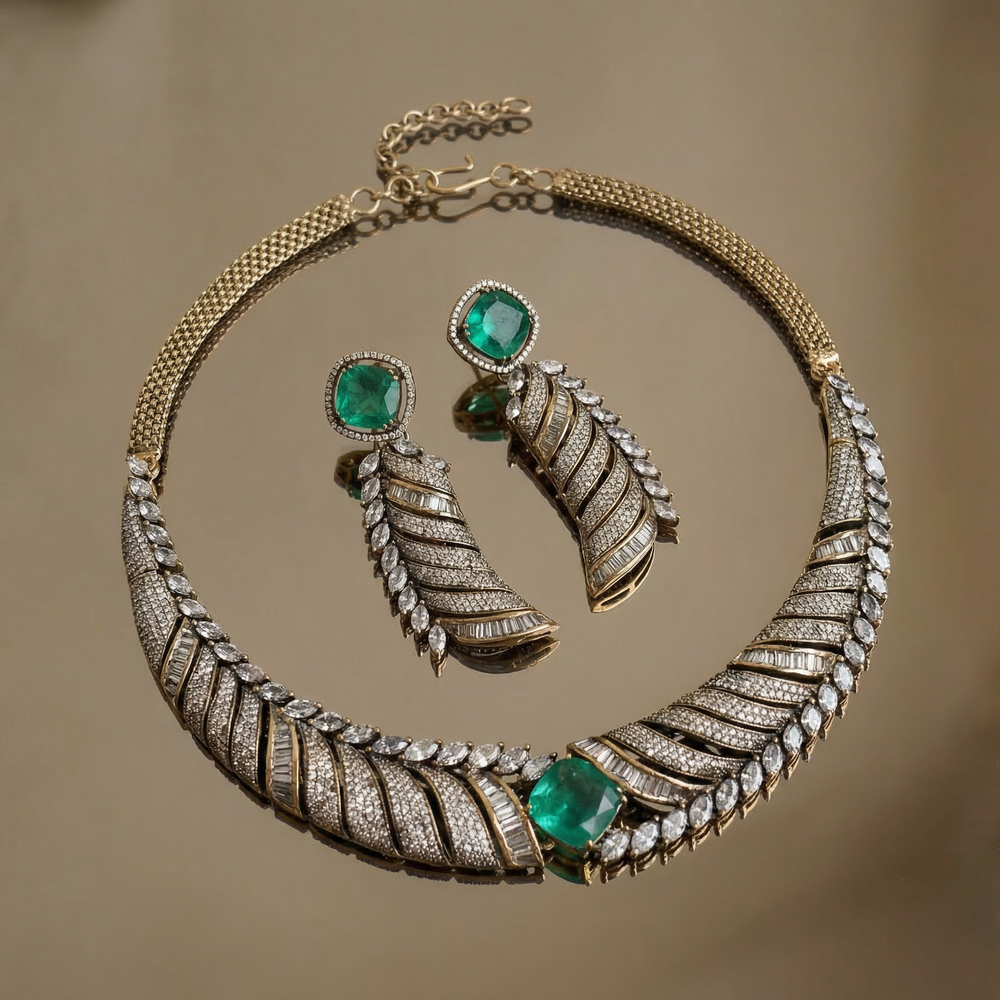Aarohi mint baguette leaf necklace set – leaf motif detail by Ozel