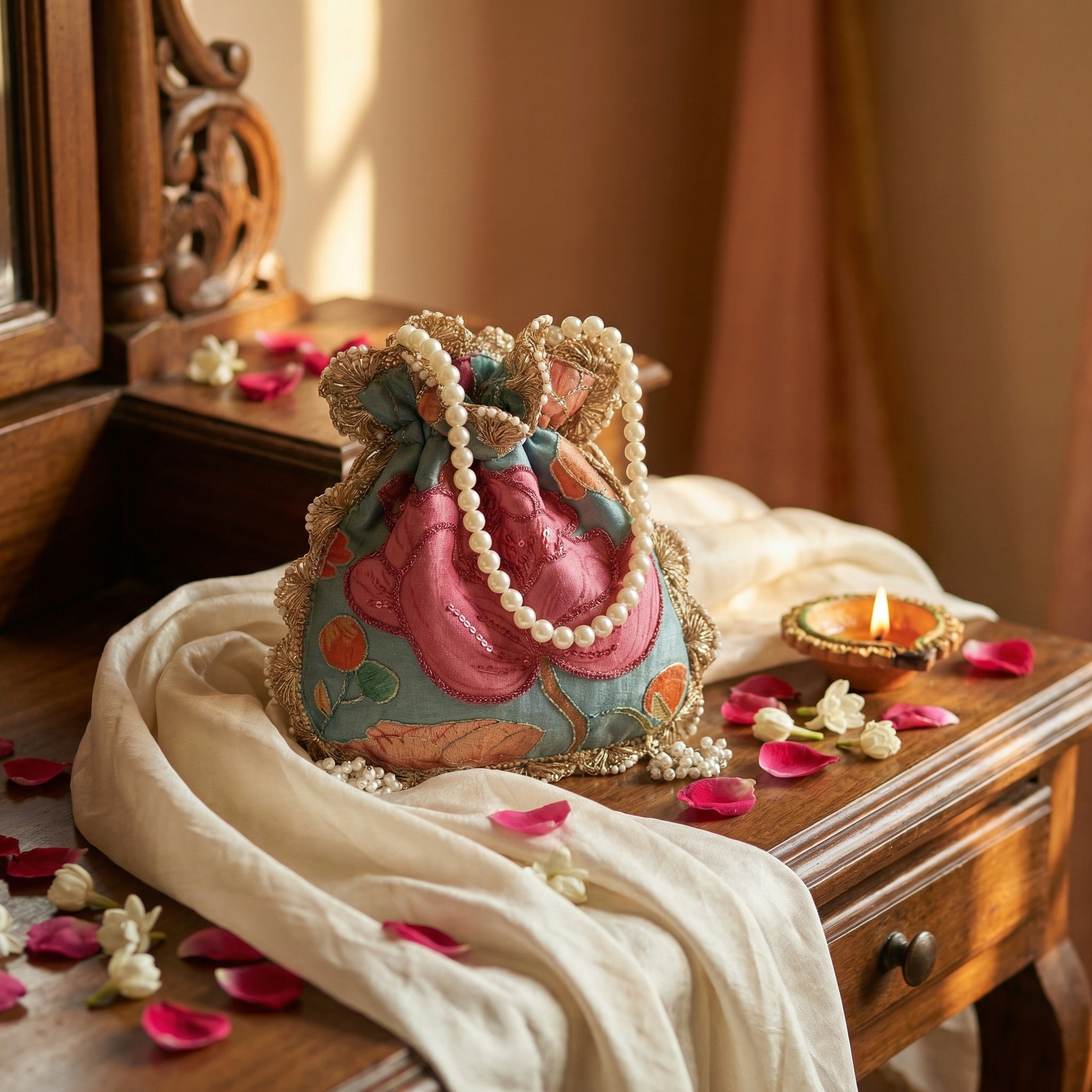 Teal Bloom Potli Bag