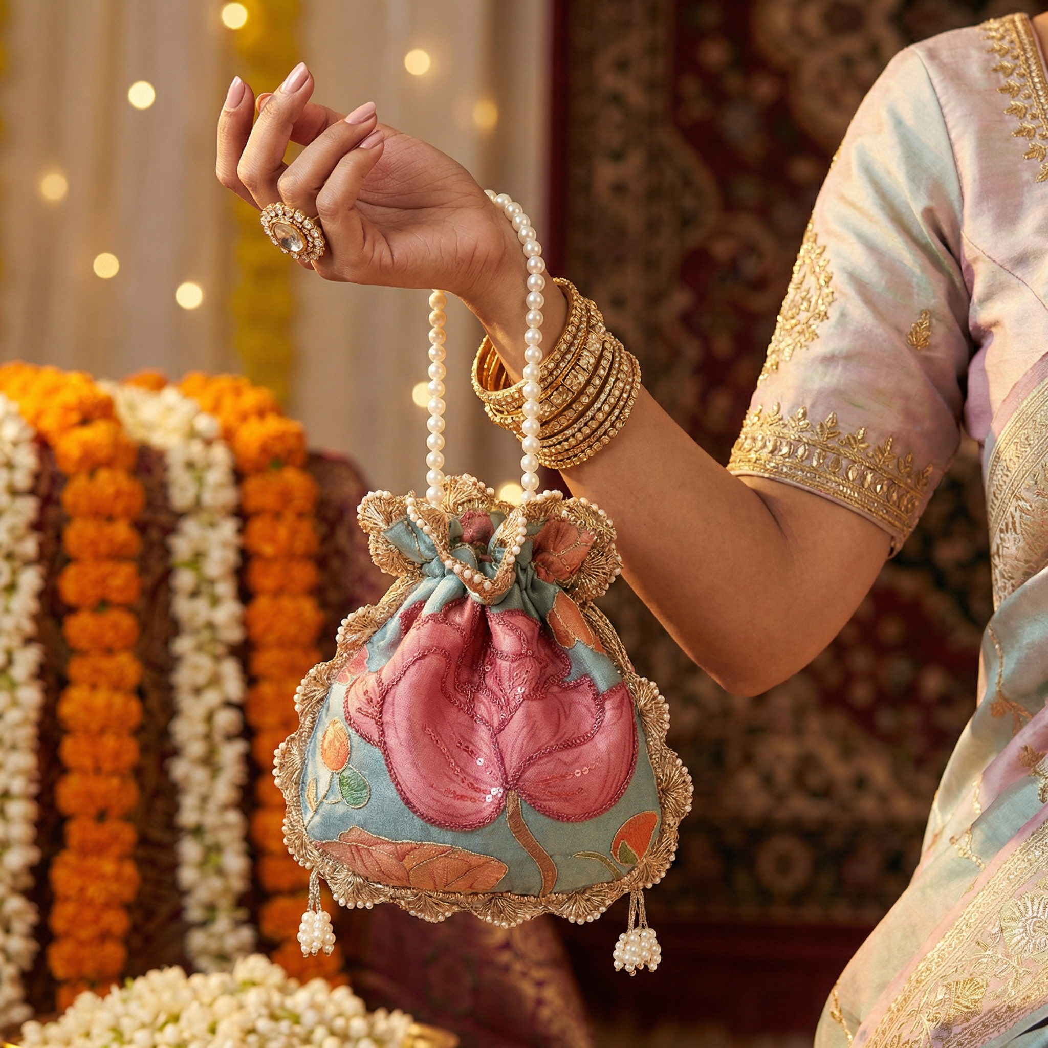 Teal Bloom Potli Bag