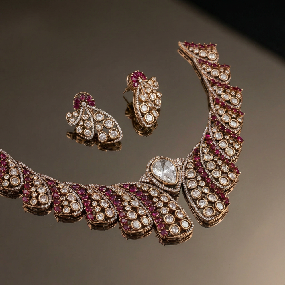 Diana ruby necklace set – earring pair detail by Ozel