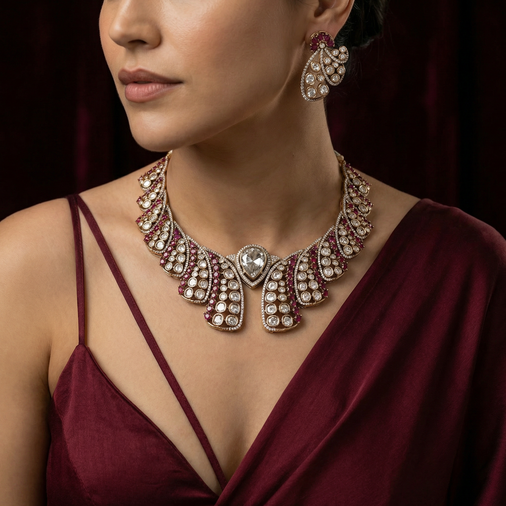 Diana ruby necklace set – worn on neck by Ozel