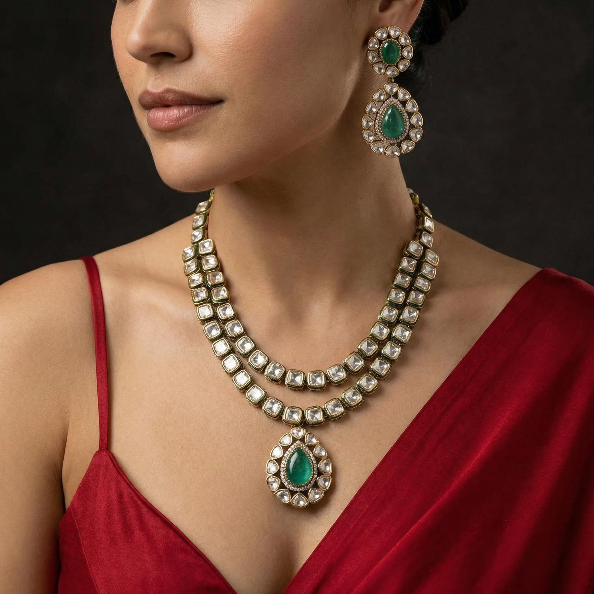 Panna Double Layer Meenakari Kundan Necklace Set