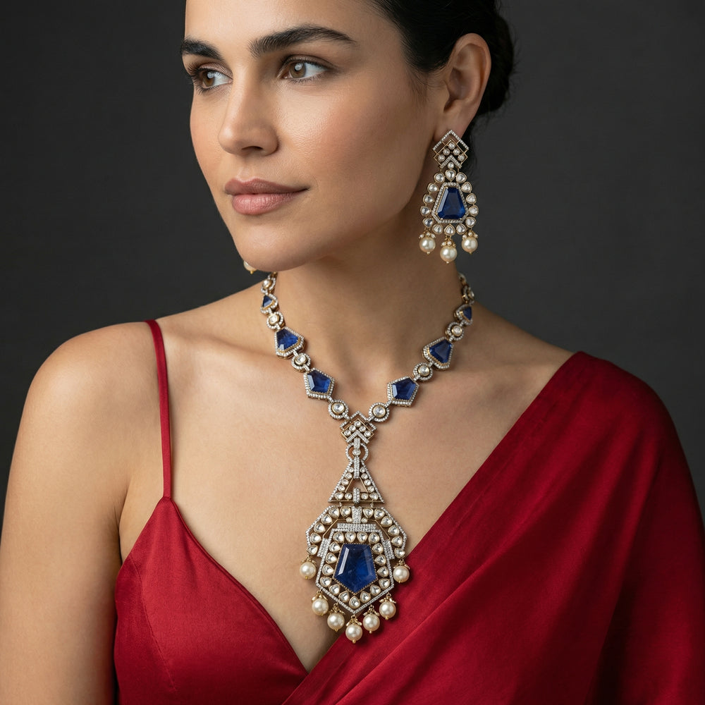 Peony Sapphire Long Necklace Set – handcrafted sapphire necklace by Ozel