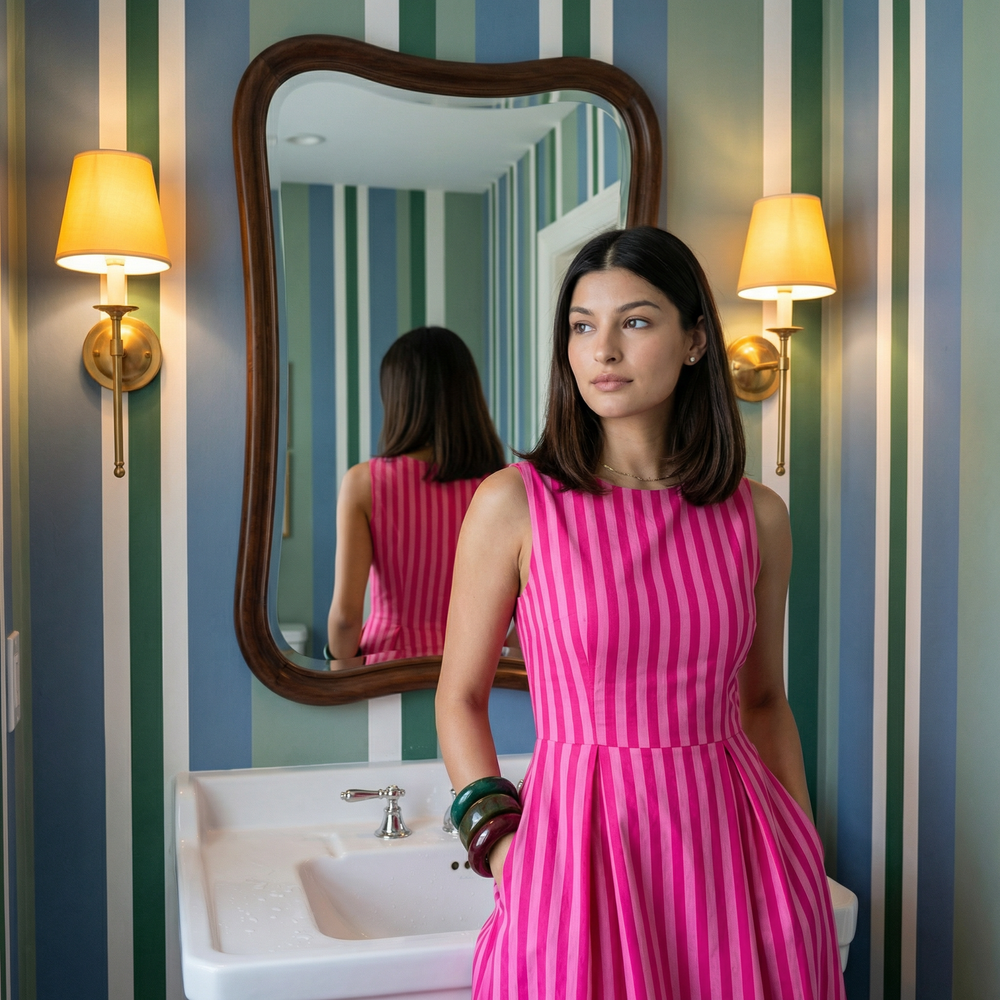 Pink palazzo stripe midi dress in soft cotton — modern resort dress by Villa 321 at Ozel
