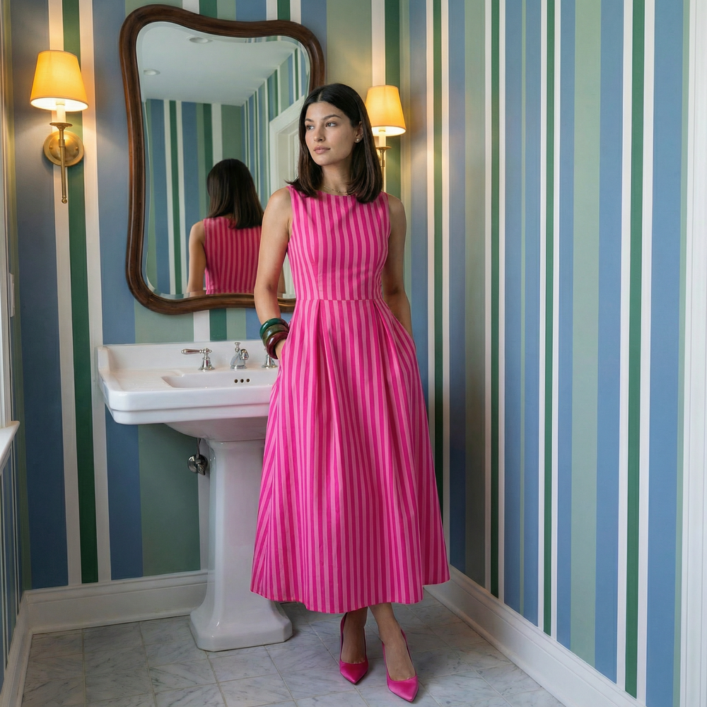 Pink vertical-stripe pleated midi cotton dress — Ozel