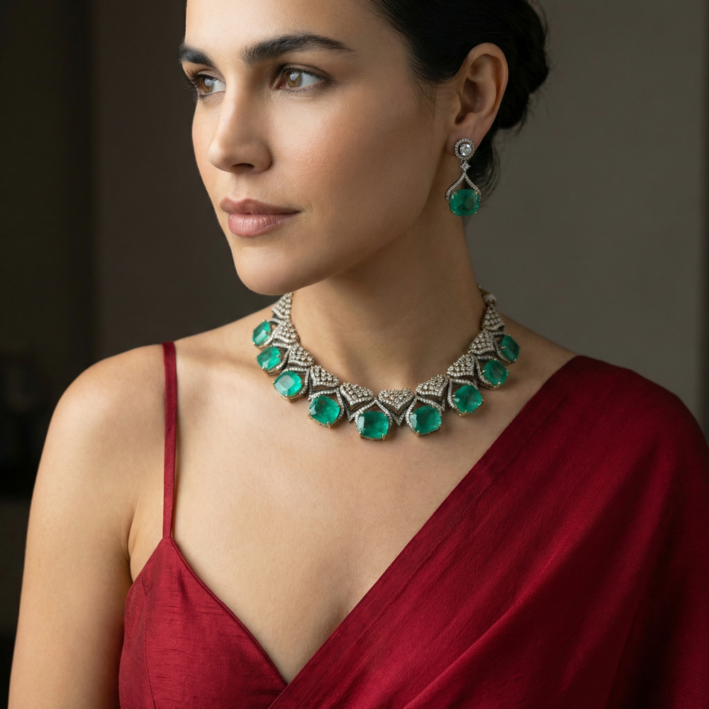 Emerald Grid Necklace Set with geometric emerald pattern and heritage gold setting by Ozel