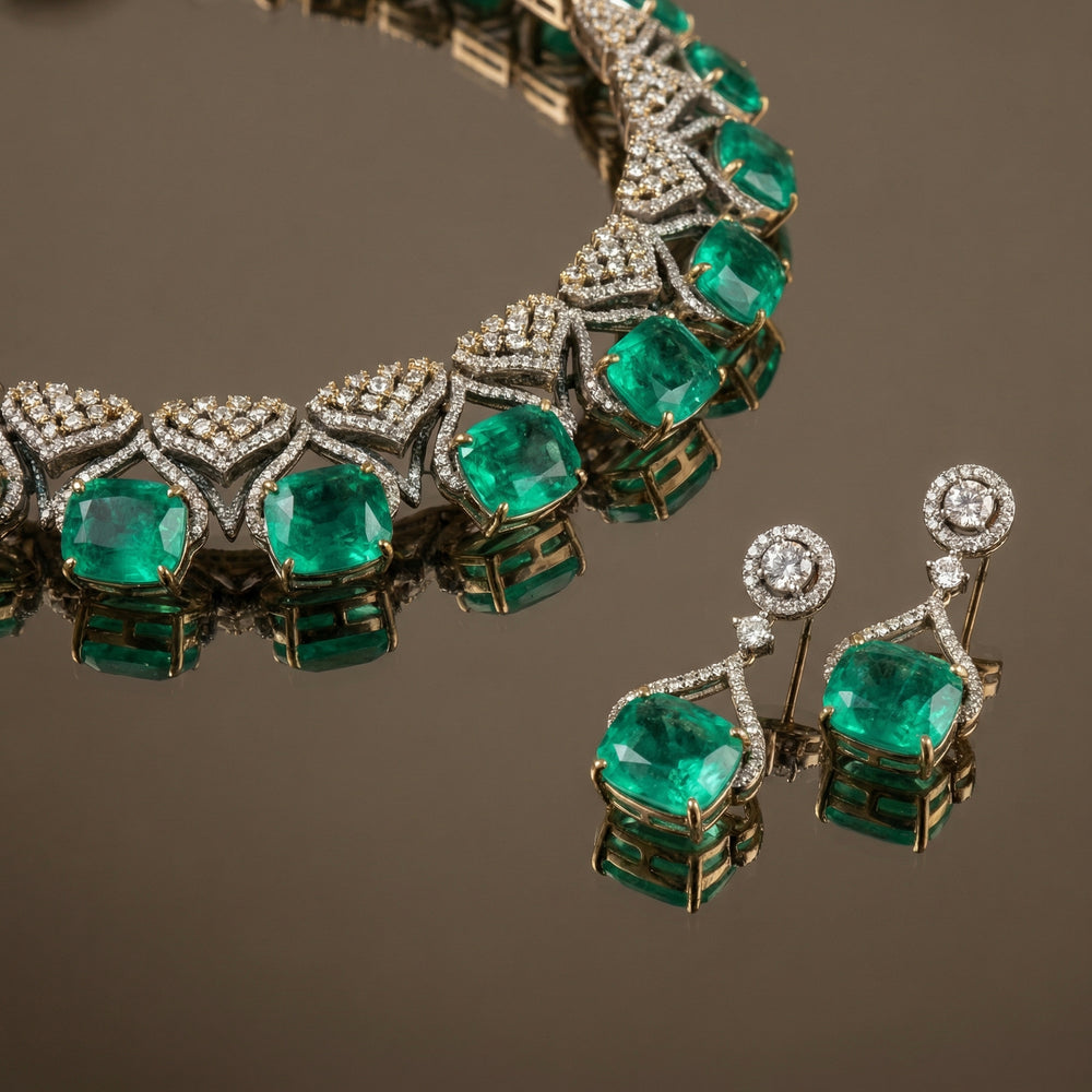 Emerald grid necklace set – geometric emerald grid detail by Ozel