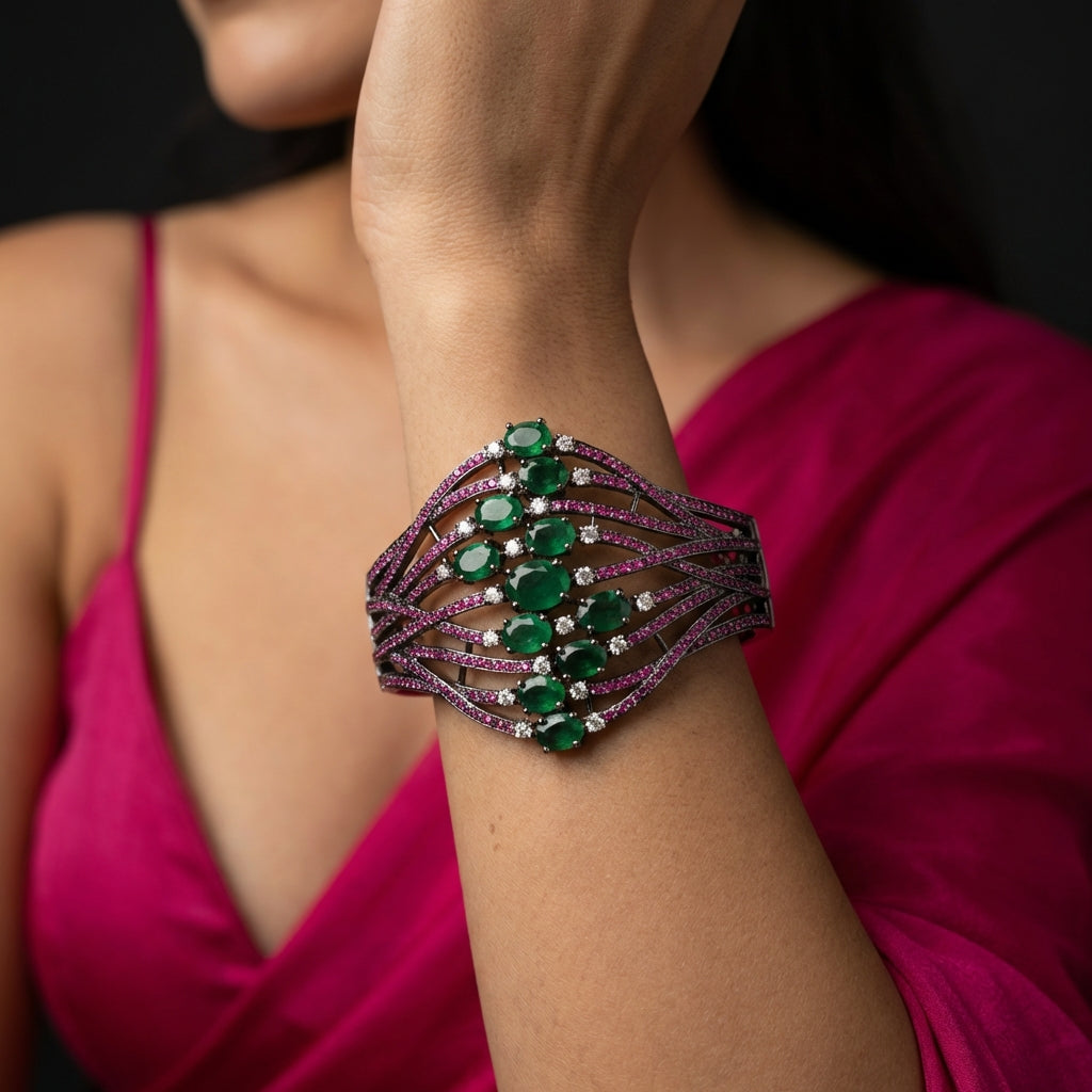 Aria Curved Bracelet Cuff - Pink and Green