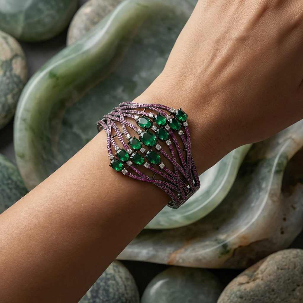 Aria Curved Bracelet Cuff - Pink and Green