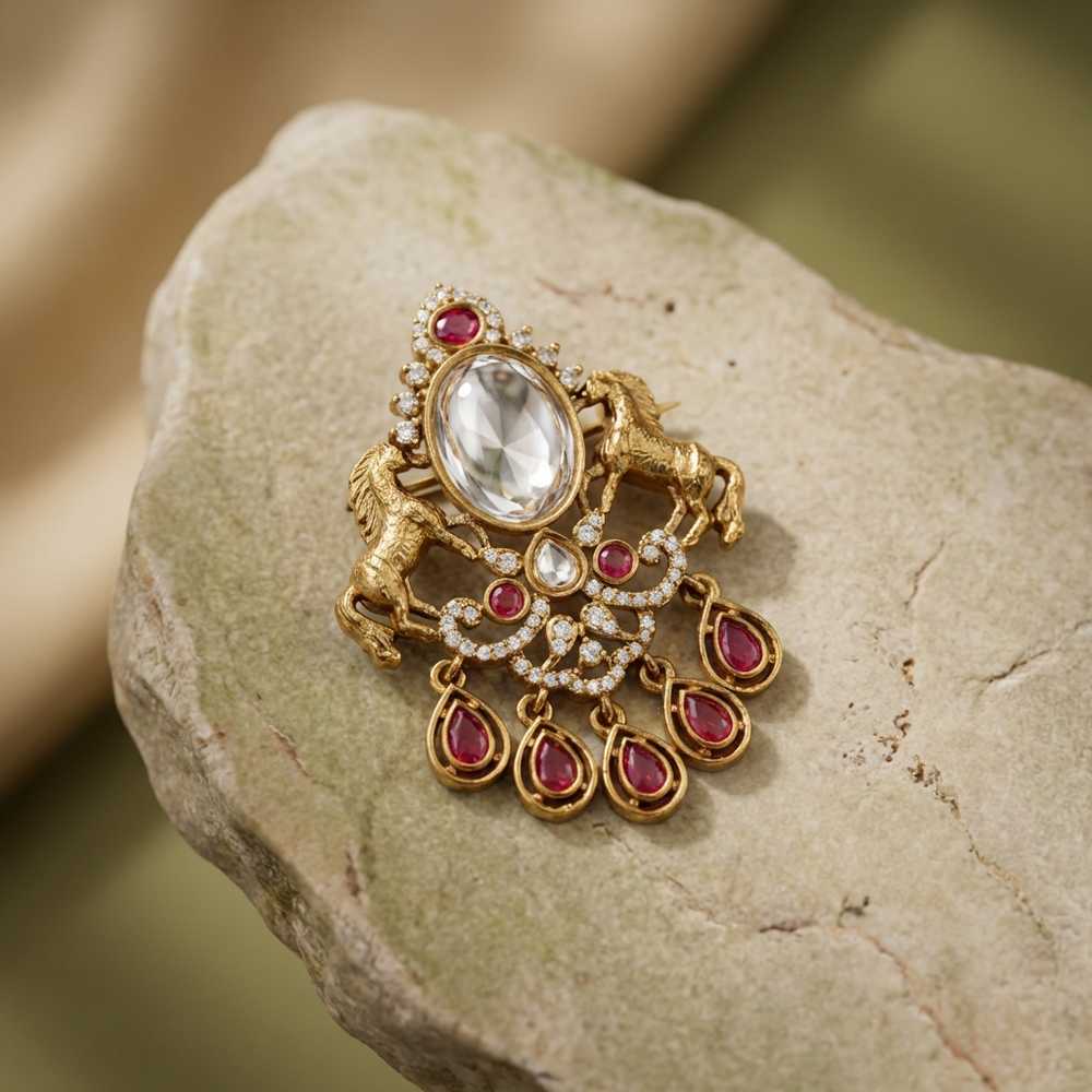 The Twin Steeds Brooch with sculptural twin horse motif and handcrafted artisan detail by Ozel