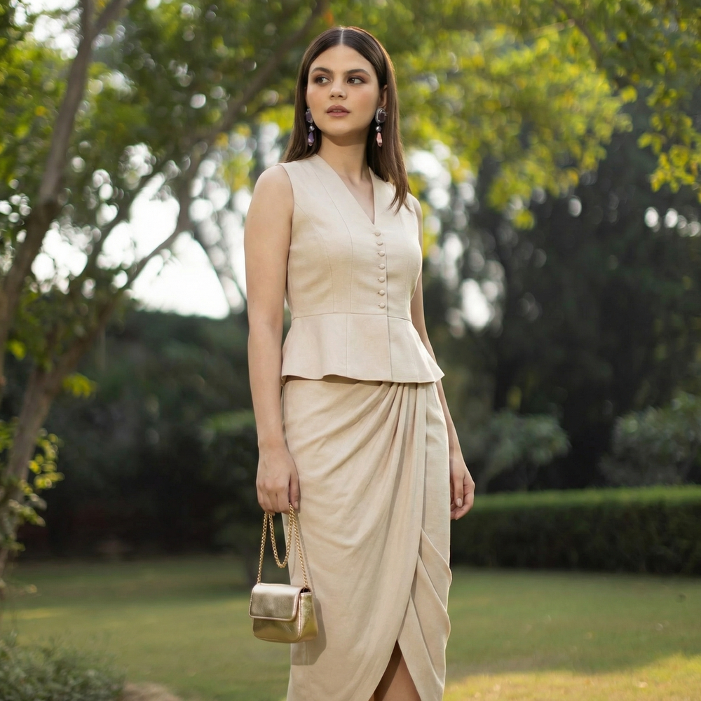 Side view of sculpted peplum top and skirt — Ozel