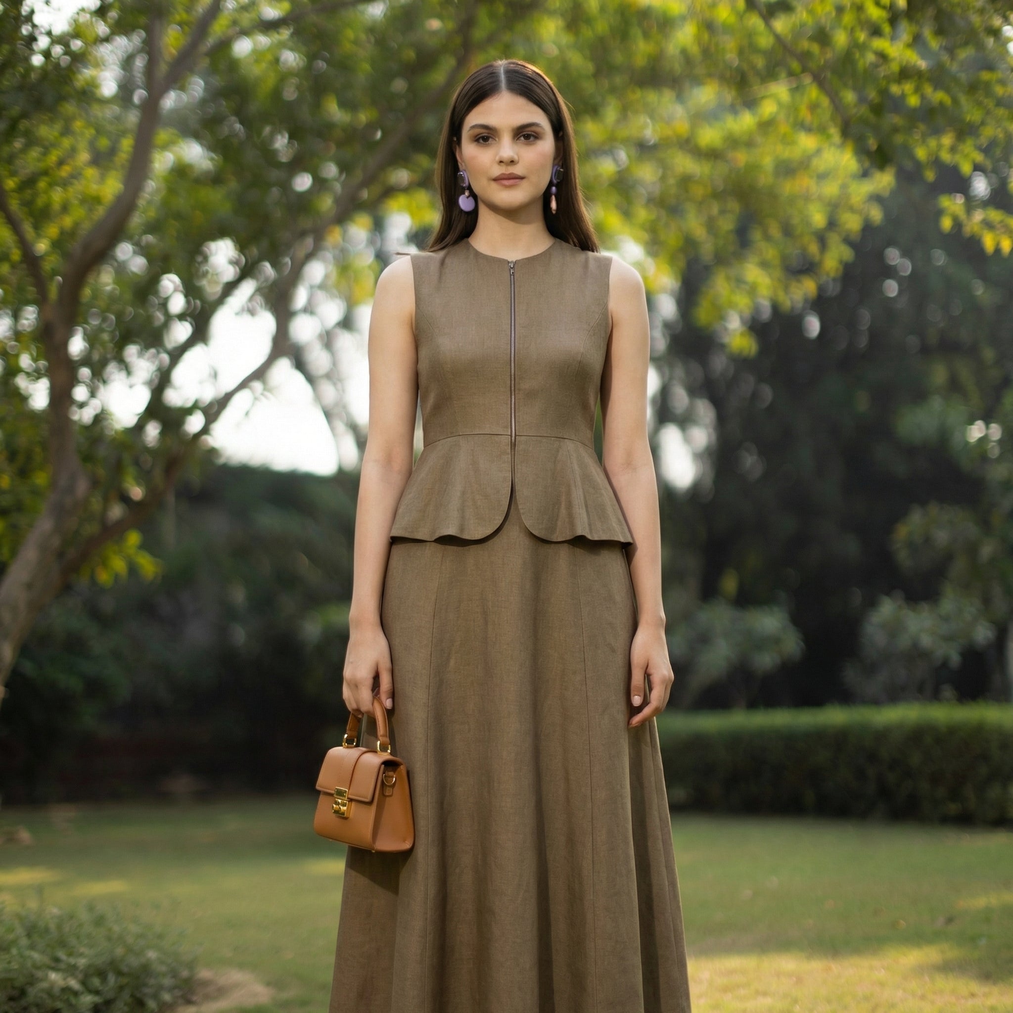 Structured Peplum Midi Dress in Desert Olive