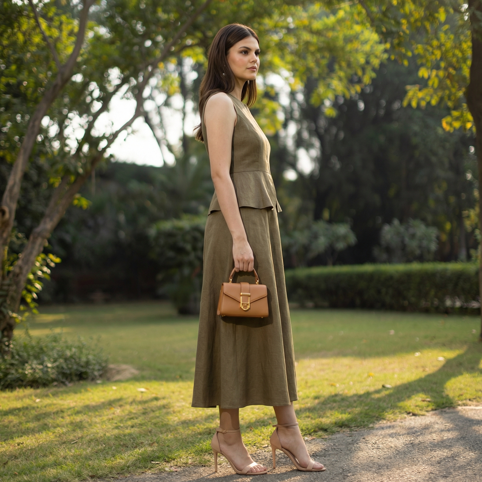 Structured Peplum Midi Dress in Desert Olive