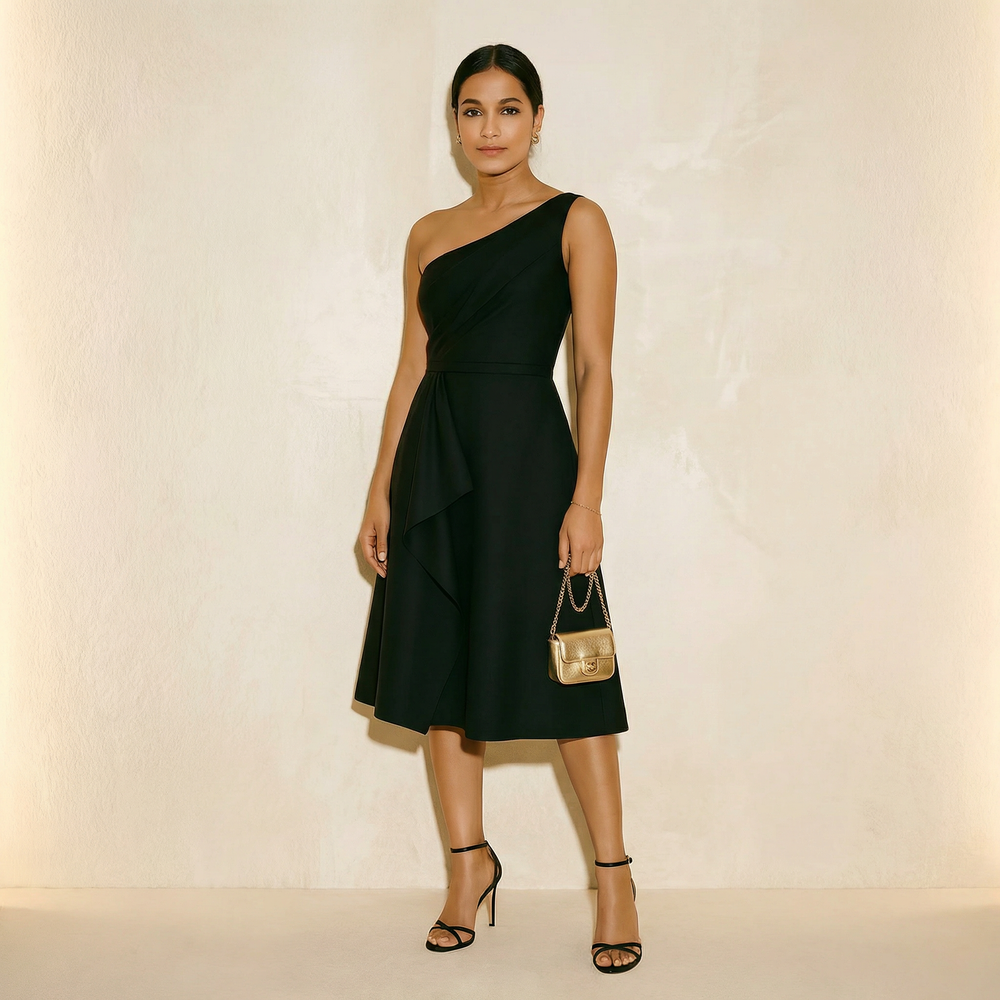 Origami one-shoulder midi dress back view — Ozel