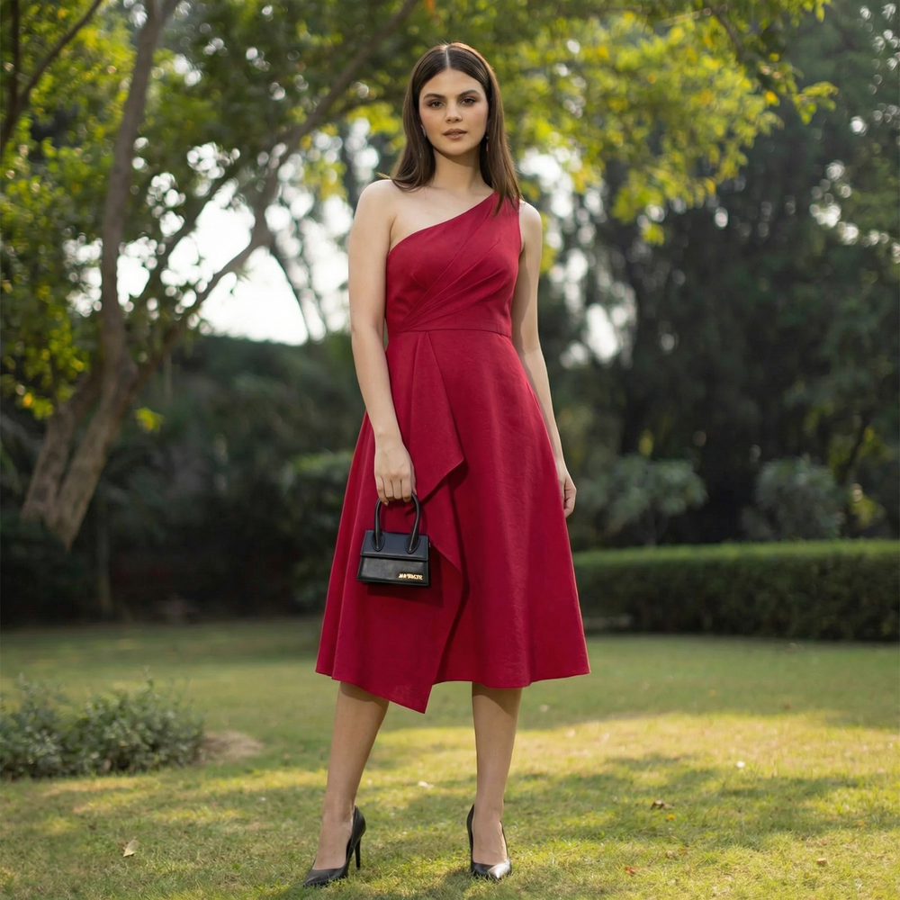 Origami one-shouldered cotton satin midi dress with pleated bodice and draped waist — Ozel