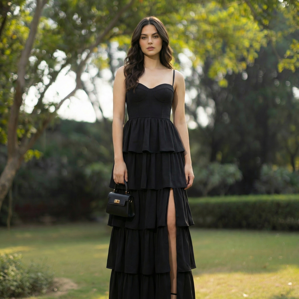 Black Corset Layered Dress with structured corset bodice and layered dramatic skirt by Ozel