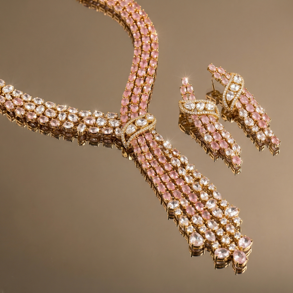 Iyla Pink Cascade Necklace Set – artisan Indian jewelry by Ozel