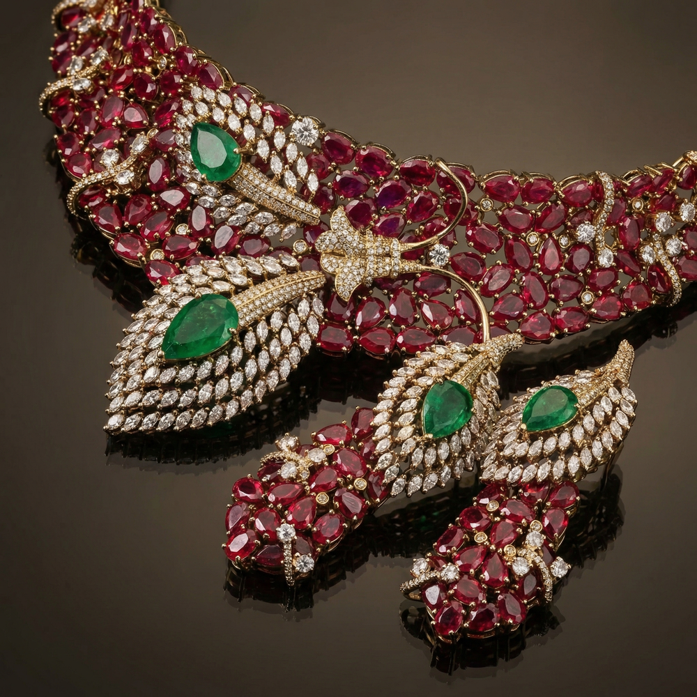 Dual leaf ruby designer necklace set – kundan accent detail by Ozel