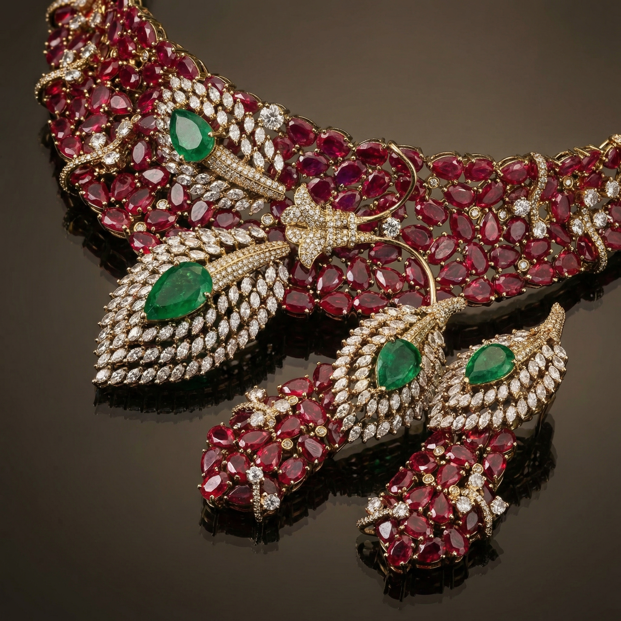 Dual Leaf Ruby Designer Necklace Set