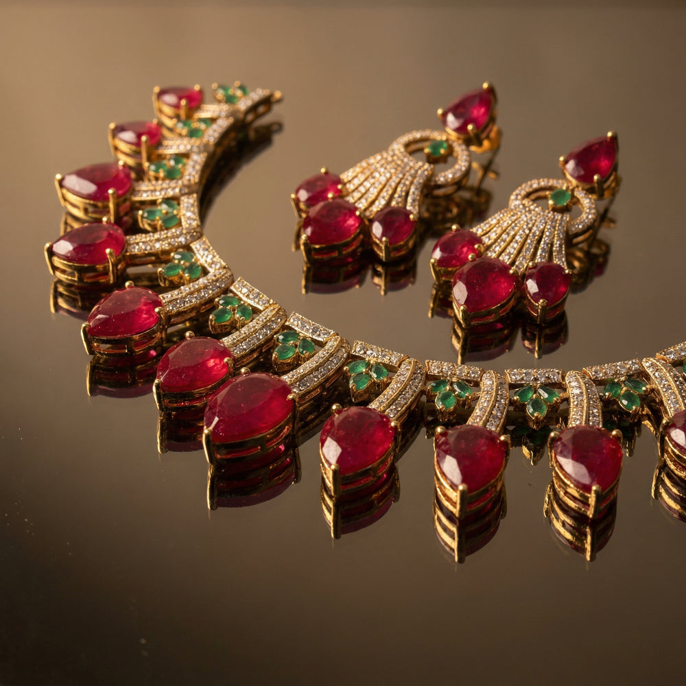 Ziva Drop Necklace Set Ruby – artisan Indian jewelry by Ozel