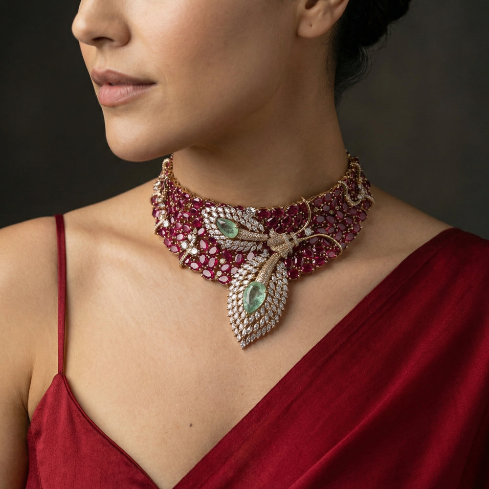 Dual leaf ruby designer necklace set – earring pair detail by Ozel