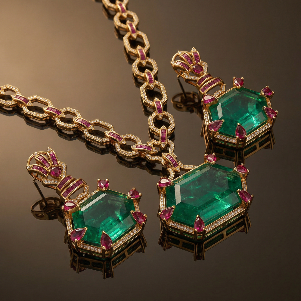 Hexagonal Emerald Pendant Set – geometric Indian jewelry by Ozel
