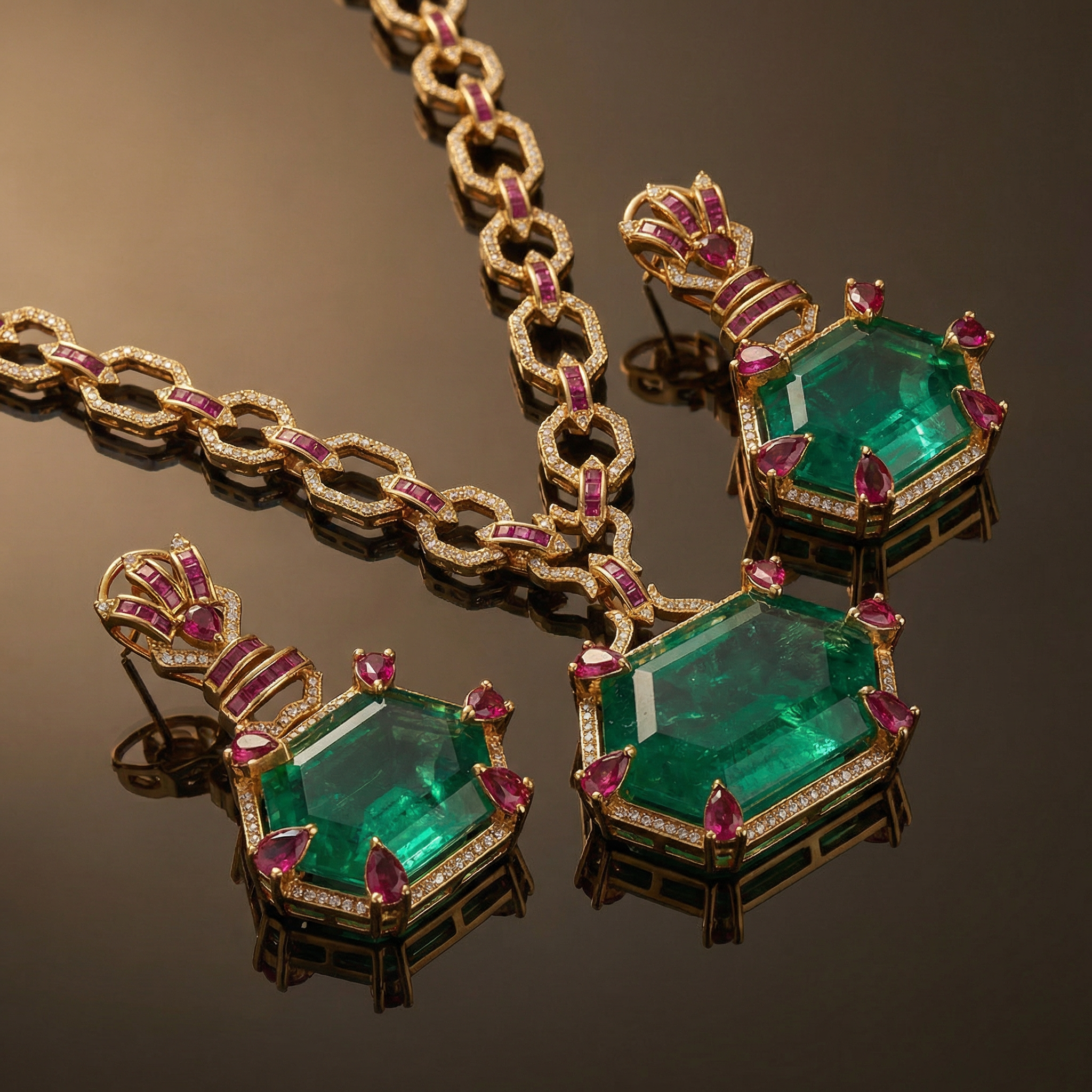 Hexagonal Emerald Pendant Set