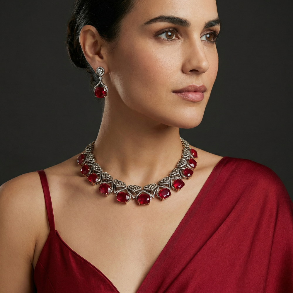 Ruby Grid Necklace Set – handcrafted ruby grid necklace by Ozel